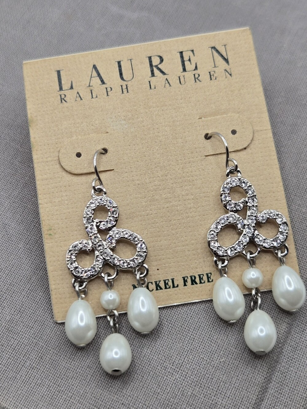 Ralph Lauren Chandelier Earrings Silver Dangle Art Deco CZ Crystal Pearls